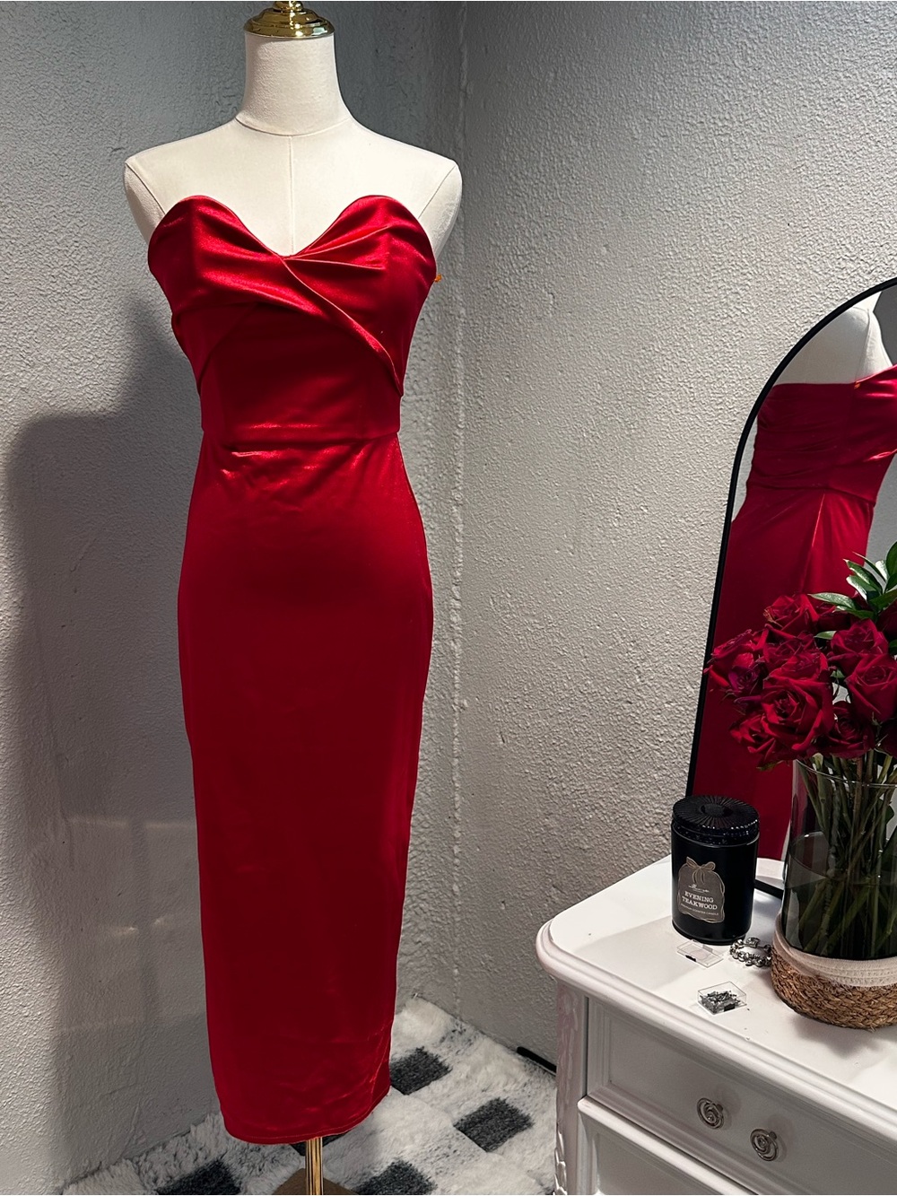 Red Strapless Midi Dress - Elegant Evening Wear